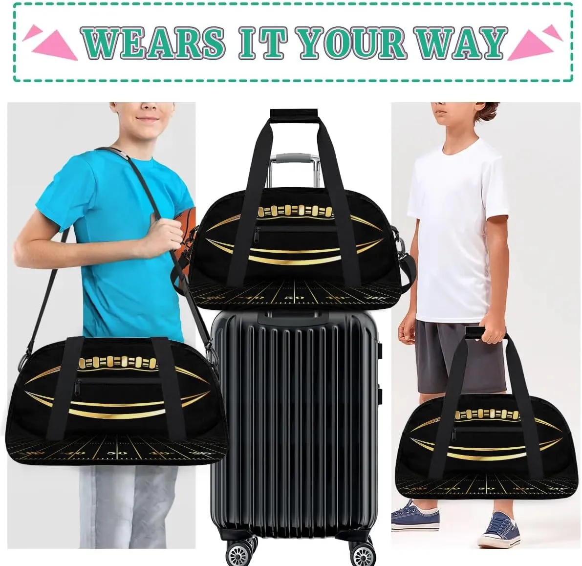 Kids Overnighter Duffel Bags for Boys Girls, Golden Football Carry-On Size Sports Gym Bag for School Practice or Overnight Travel Weekender Sleepover Workout Tote Bag