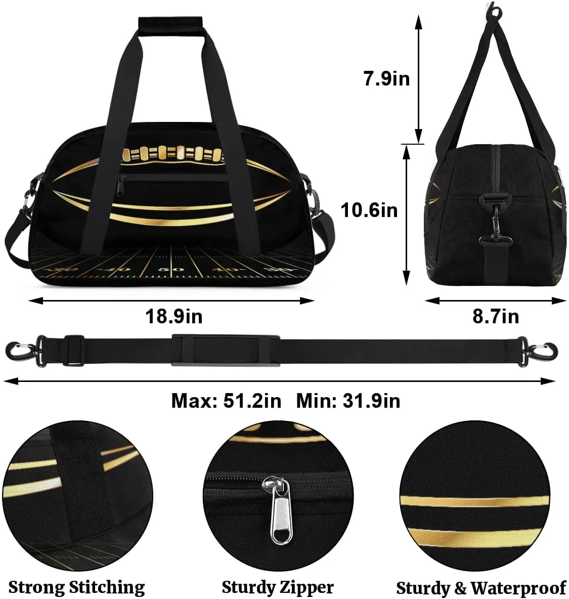Kids Overnighter Duffel Bags for Boys Girls, Golden Football Carry-On Size Sports Gym Bag for School Practice or Overnight Travel Weekender Sleepover Workout Tote Bag
