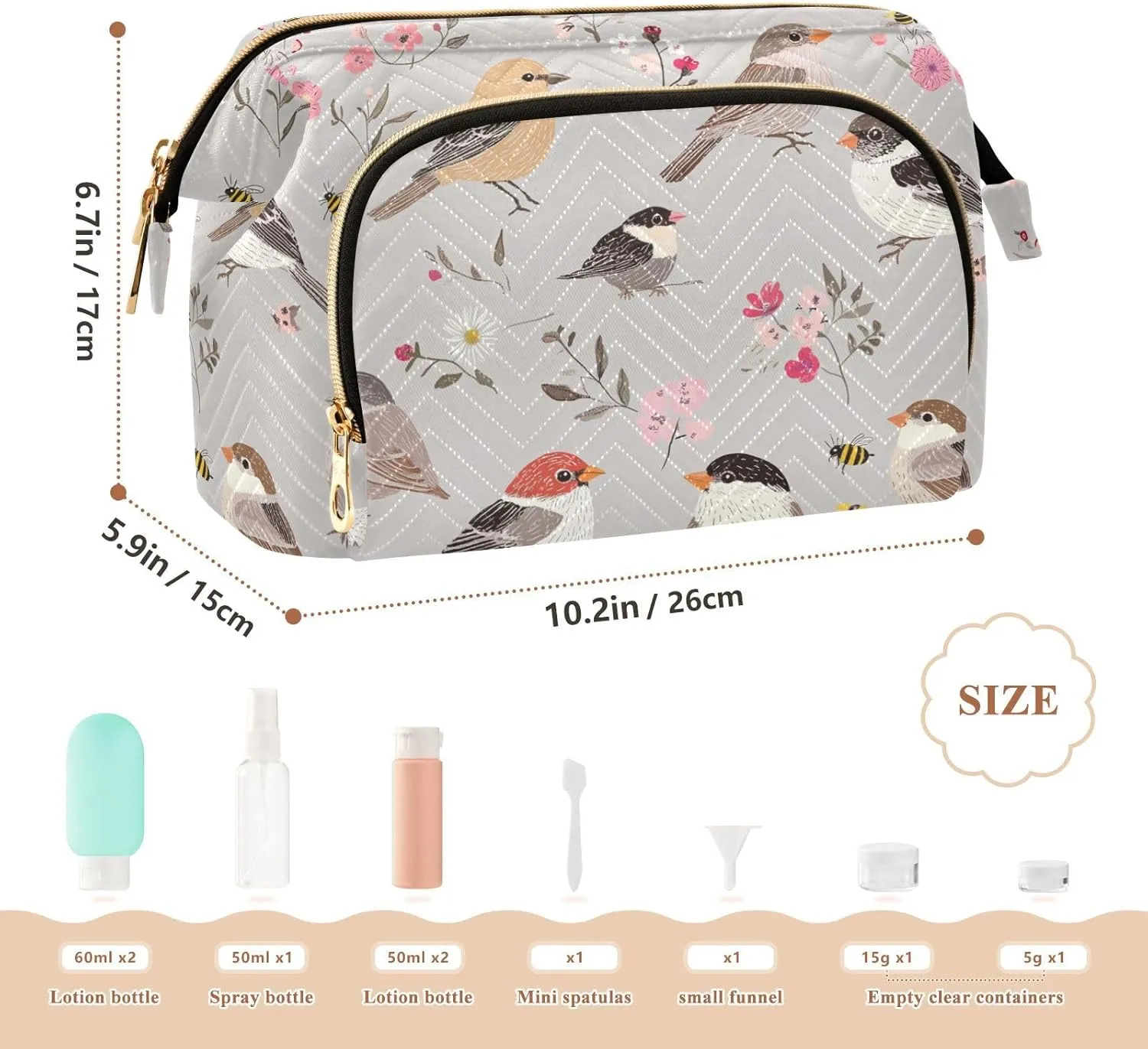 KLL Cute House Sparrow Birds Silver Toiletry Bag Lightweight Makeup Cosmetic Bag Women's Coin Change Purse for Travel Toiletry