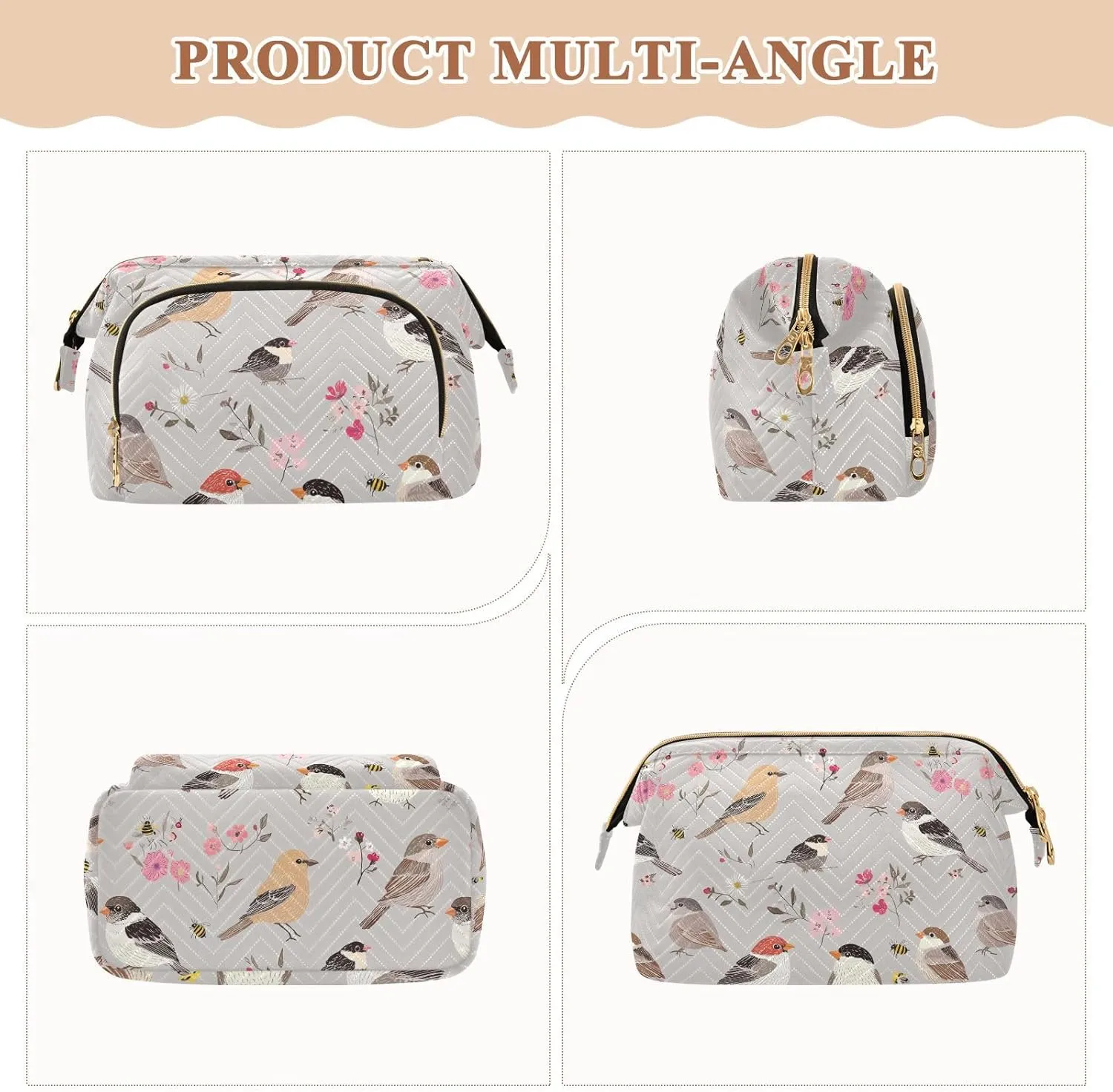 KLL Cute House Sparrow Birds Silver Toiletry Bag Lightweight Makeup Cosmetic Bag Women's Coin Change Purse for Travel Toiletry