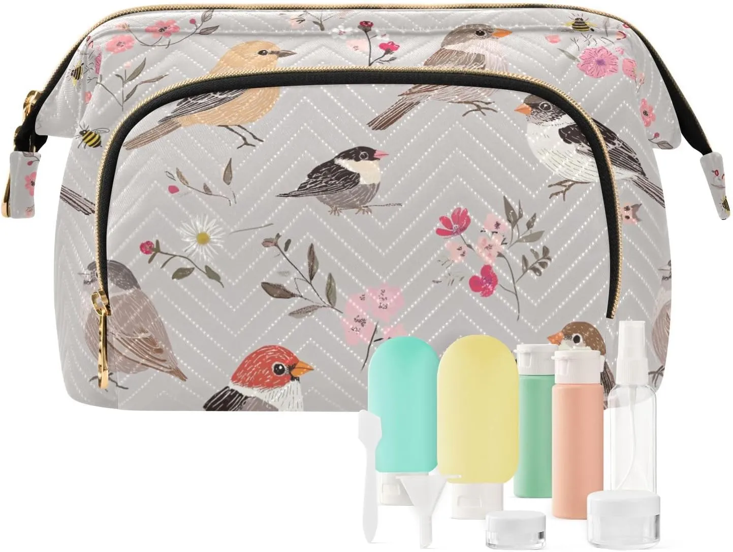 KLL Cute House Sparrow Birds Silver Toiletry Bag Lightweight Makeup Cosmetic Bag Women's Coin Change Purse for Travel Toiletry