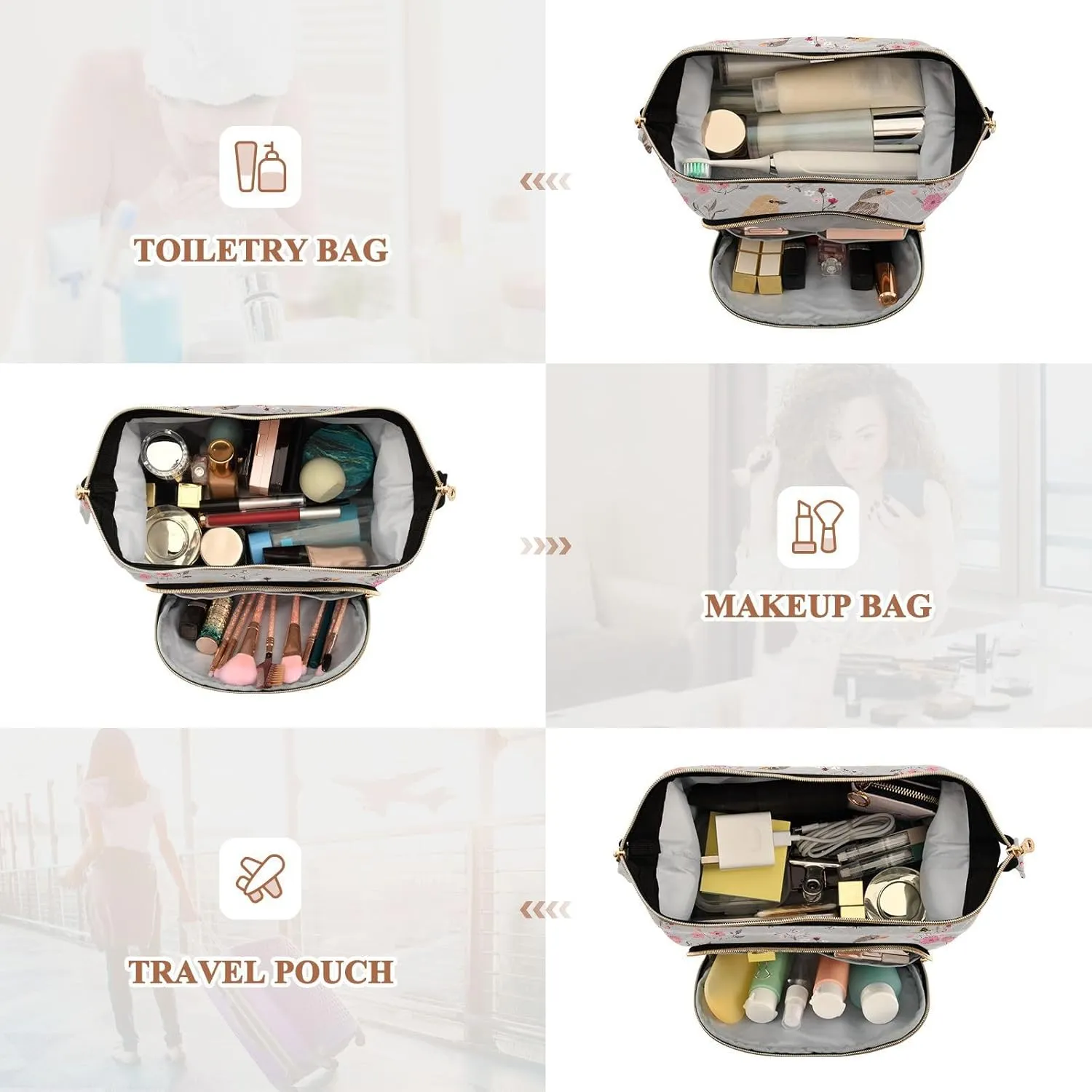 KLL Cute House Sparrow Birds Silver Toiletry Bag Lightweight Makeup Cosmetic Bag Women's Coin Change Purse for Travel Toiletry