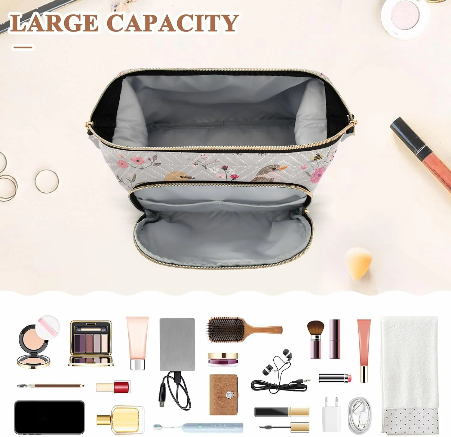 KLL Cute House Sparrow Birds Silver Toiletry Bag Lightweight Makeup Cosmetic Bag Women's Coin Change Purse for Travel Toiletry