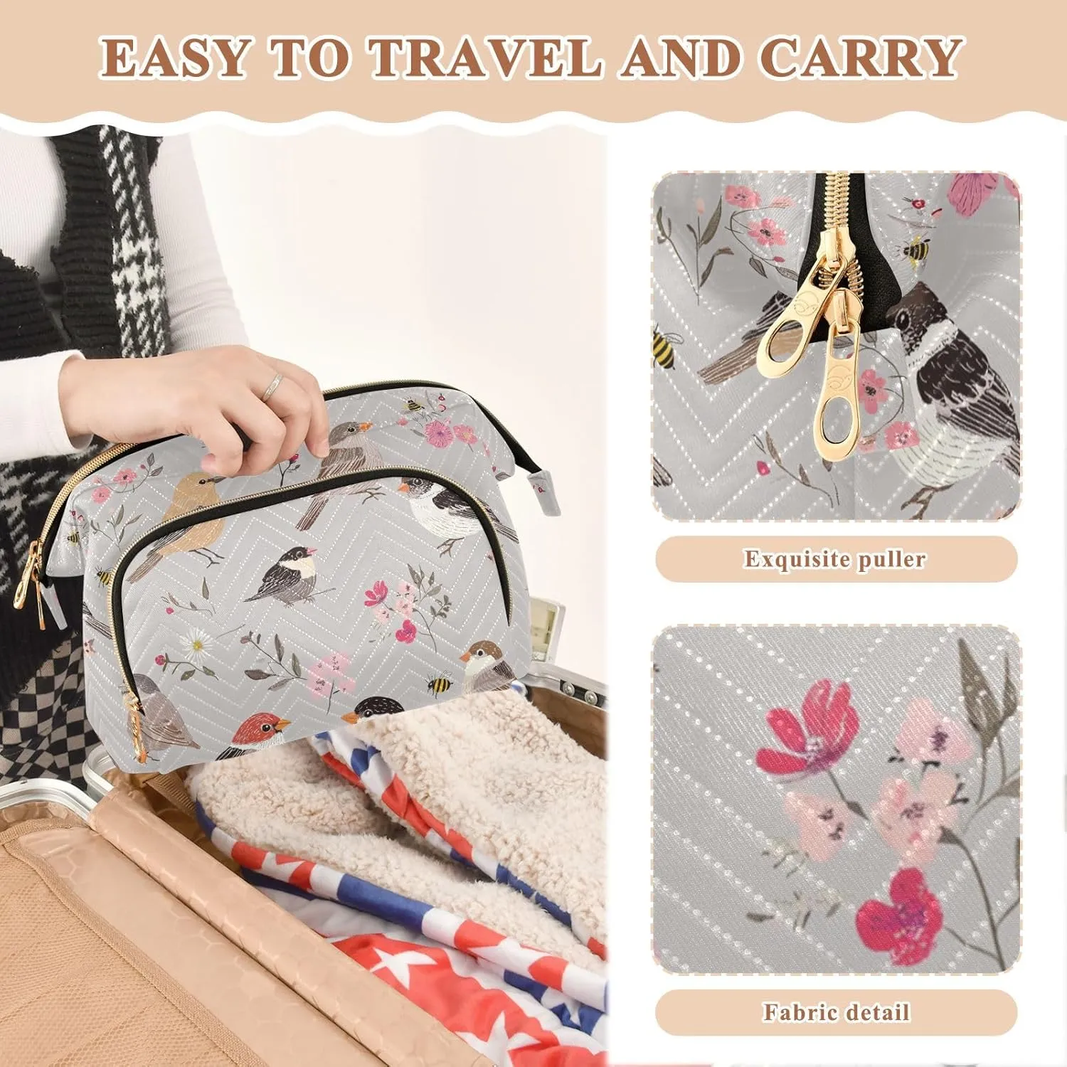 KLL Cute House Sparrow Birds Silver Toiletry Bag Lightweight Makeup Cosmetic Bag Women's Coin Change Purse for Travel Toiletry