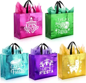 Kolldenn 20 Pcs Mexican Fiesta Party Favor Bags with Handles & Tissue Paper Reusable Non Woven Cinco De Mayo Gift Goodie Candy Treat Tote Bags for Mexican Party Favors Decor(11 x 5 x 13 Inch)