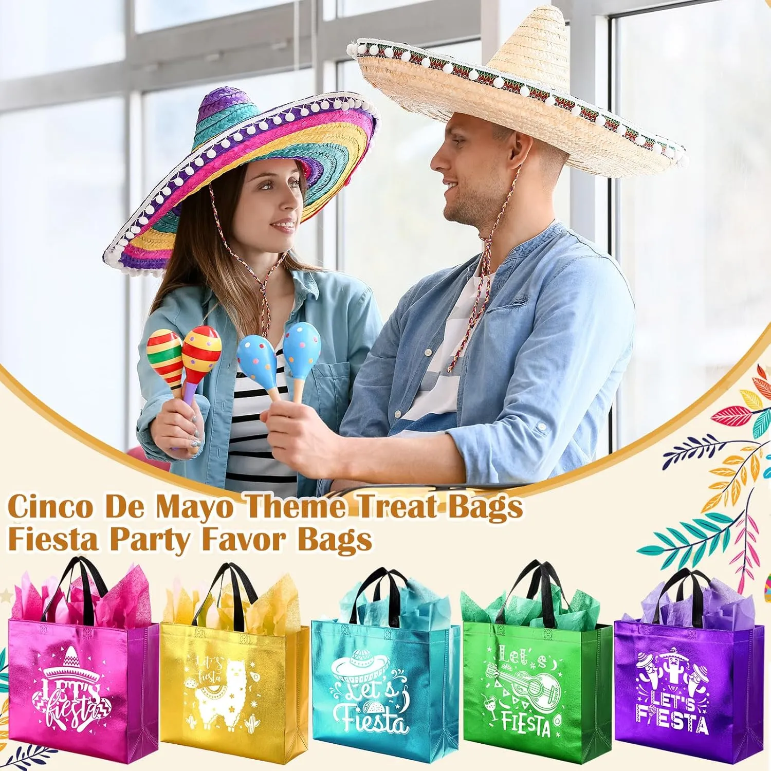 Kolldenn 20 Pcs Mexican Fiesta Party Favor Bags with Handles & Tissue Paper Reusable Non Woven Cinco De Mayo Gift Goodie Candy Treat Tote Bags for Mexican Party Favors Decor(11 x 5 x 13 Inch)
