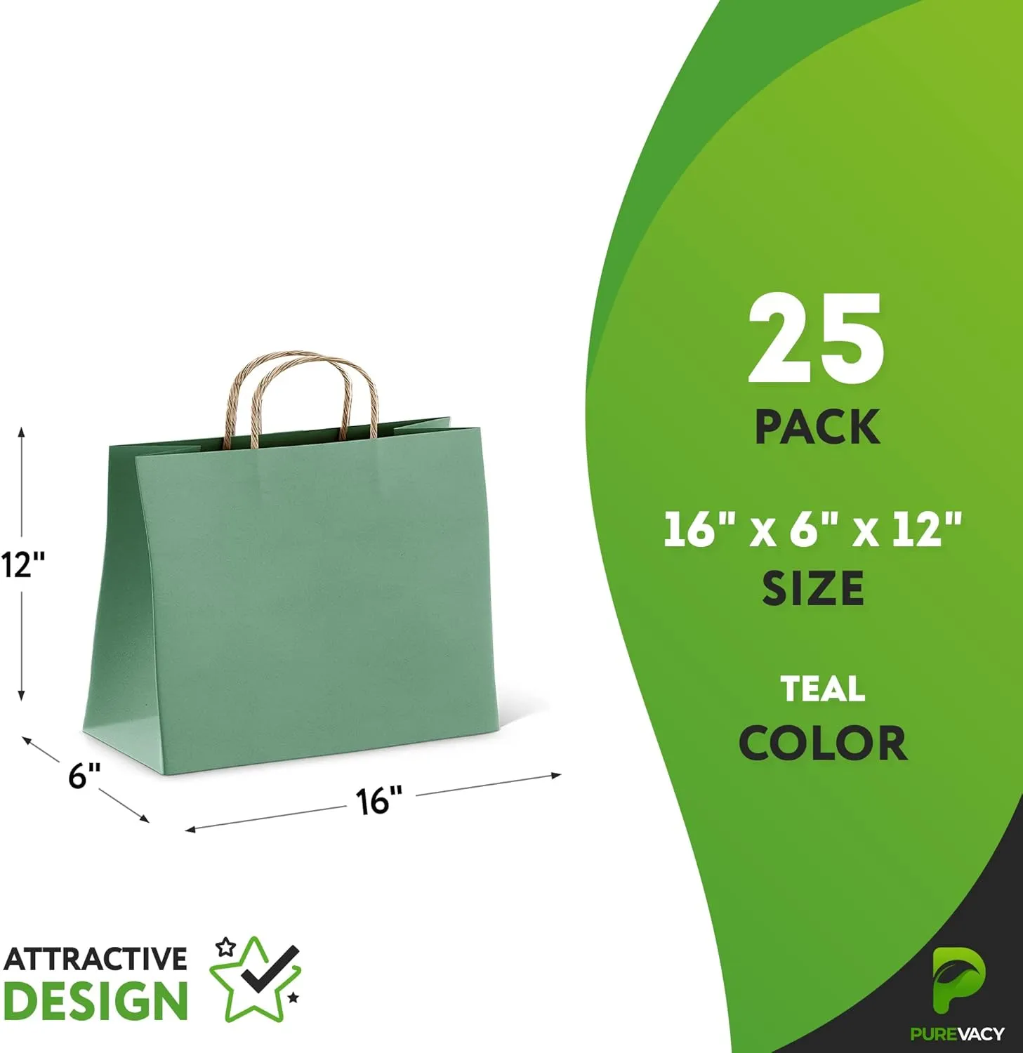 Kraft Paper Bags with Handles 16 x 6 x 12, Teal Paper Gift Bags with Handles 25, Durable and Reusable Paper Shopping Bags for Business, Lightweight Stylish Party Favor Bags