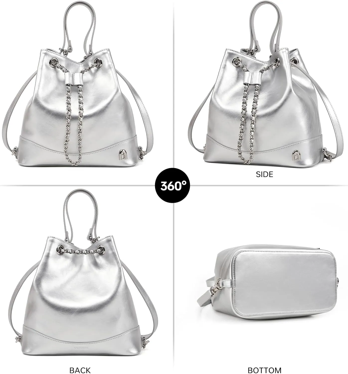 LA FESTIN Leather Purses for Women Cute Backpack Lightweight Shoulder Small Trendy Bucket Handbags with Strap Silver Chain(Silver)