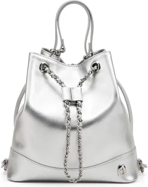 LA FESTIN Leather Purses for Women Cute Backpack Lightweight Shoulder Small Trendy Bucket Handbags with Strap Silver Chain(Silver)