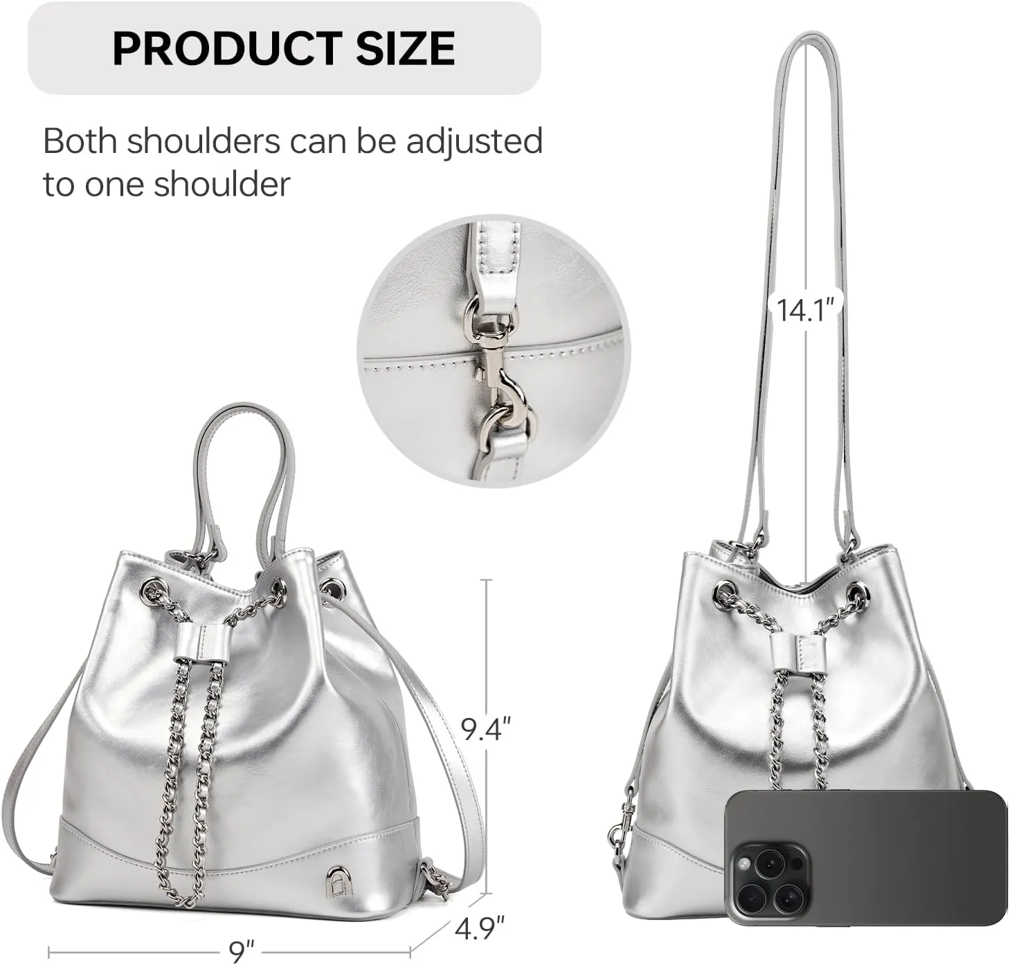 LA FESTIN Leather Purses for Women Cute Backpack Lightweight Shoulder Small Trendy Bucket Handbags with Strap Silver Chain(Silver)