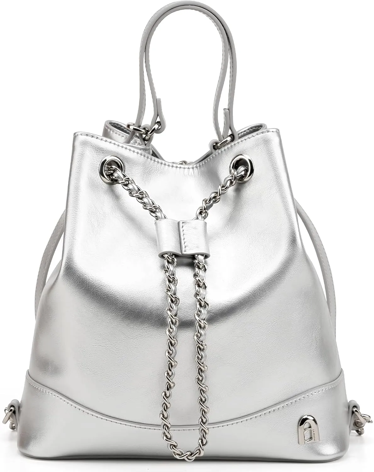 LA FESTIN Leather Purses for Women Cute Backpack Lightweight Shoulder Small Trendy Bucket Handbags with Strap Silver Chain(Silver)