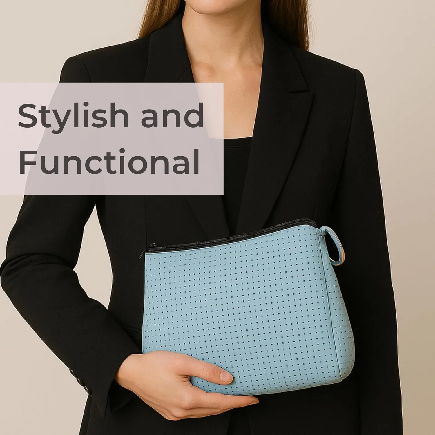Large Makeup Bag with Zipper - Waterproof Neoprene Cosmetic Bag 7.7 x 10.75 x 5 inches - Pouch Sky Blue
