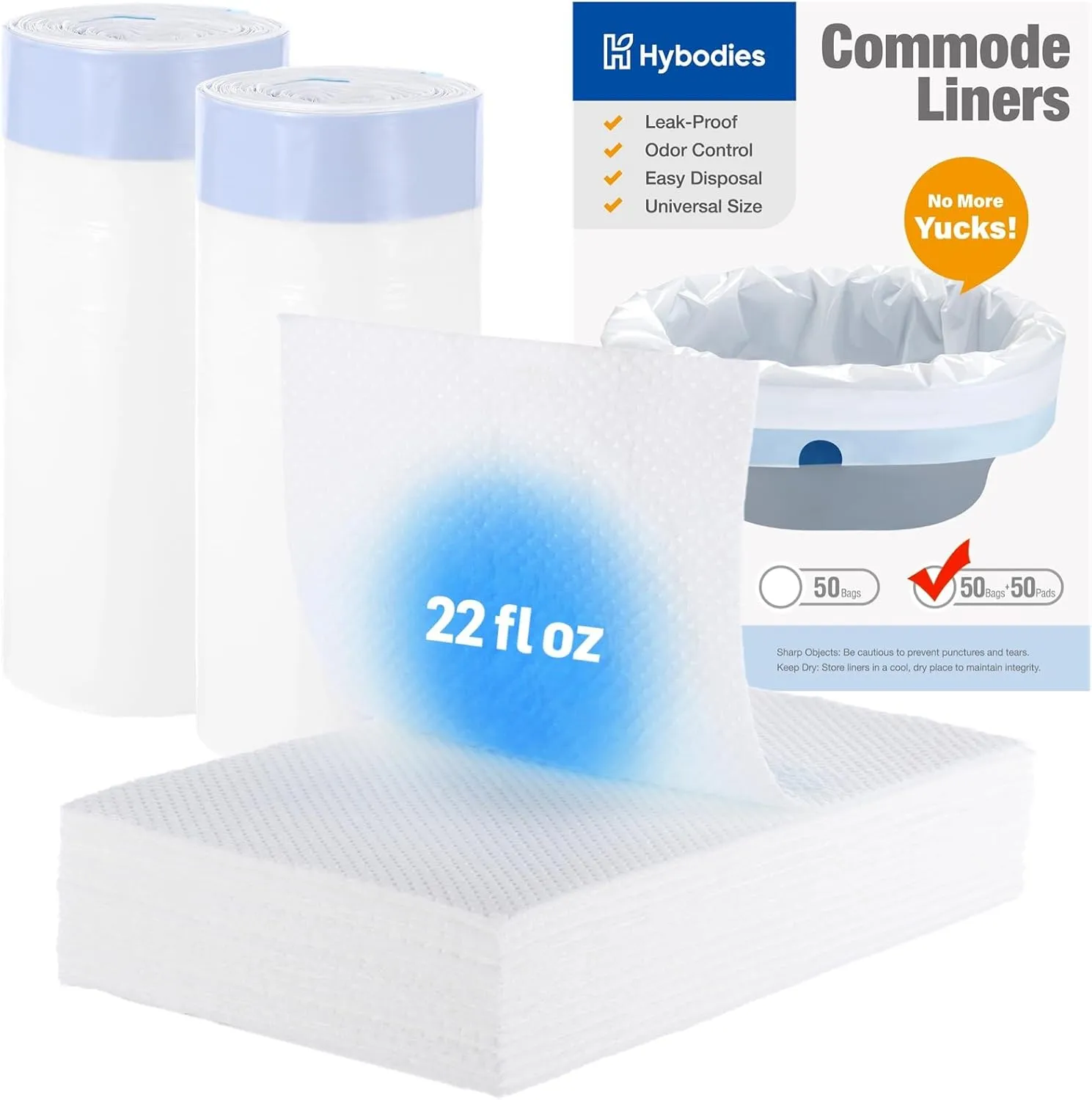 Leakproof Commode Liners, Hybodies Disposable Poop Bags Prevent Spills for Bedside Commode, Camping Toilets & Bedpans, Tear Resistance | Odor Control | Universal Fit (White, C: 50-Count (Bags Pads))