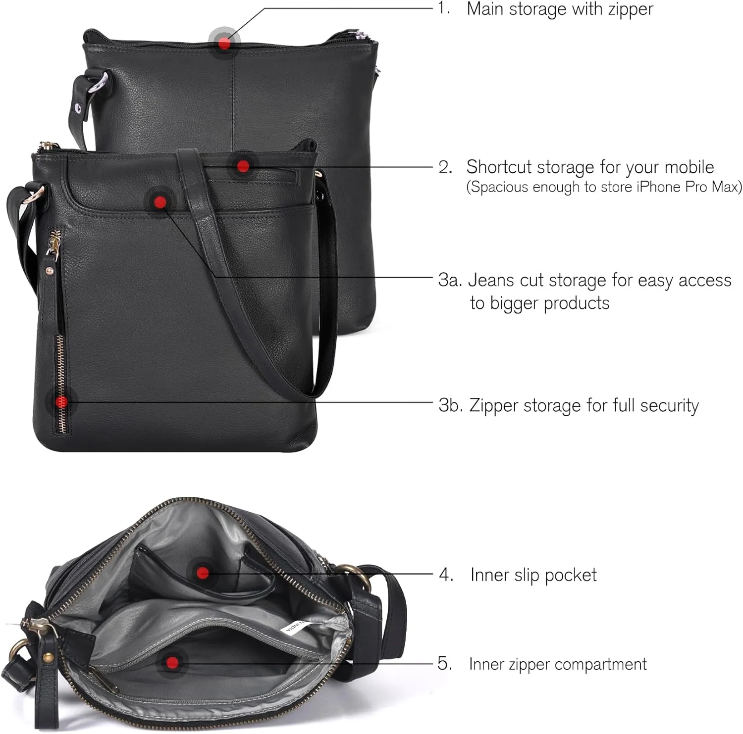 Leather Crossbody Bags for Women - Ladies Sling Handbags - Medium Cross body Purses Handbags - Purses For Women