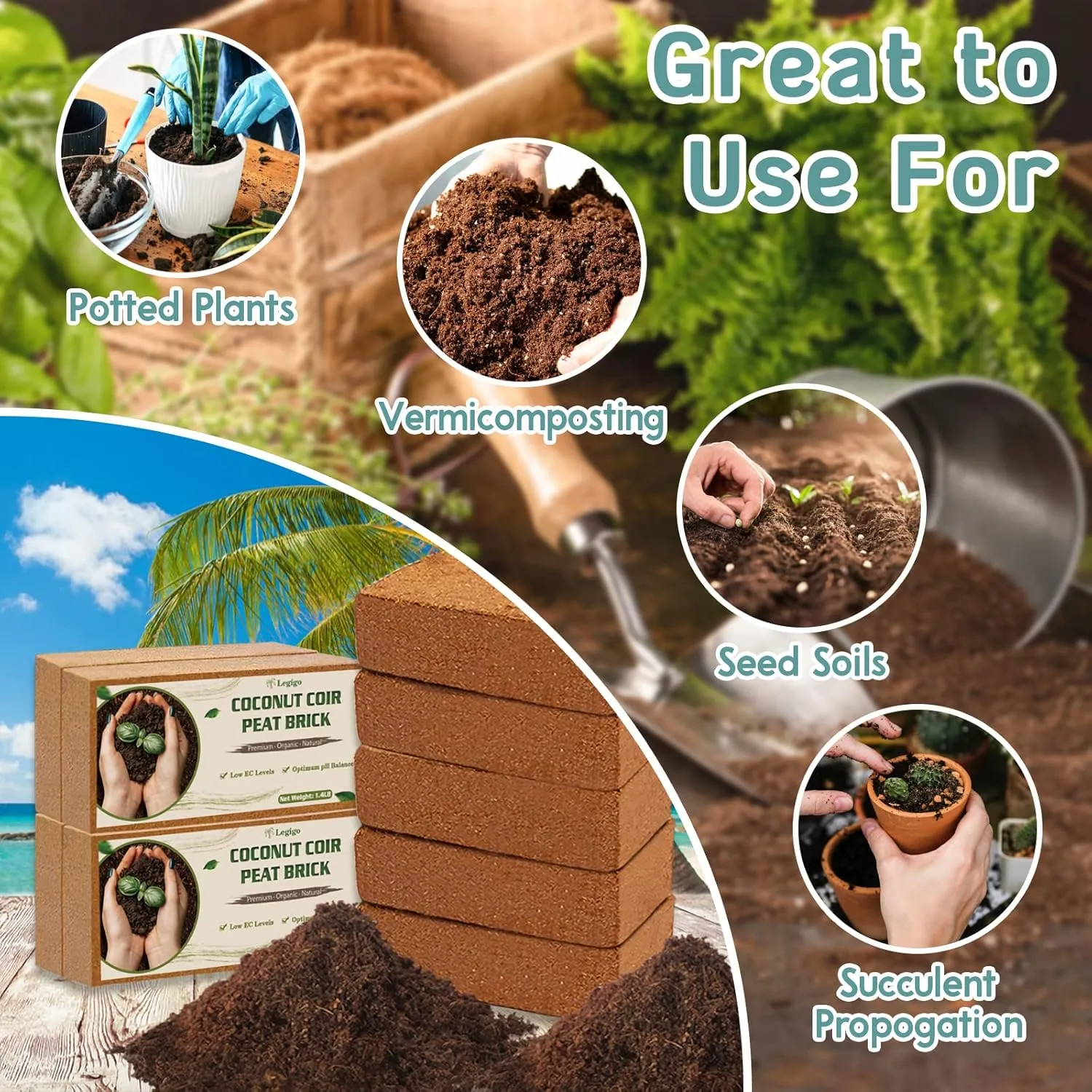 Legigo 4 Pack Premium Coco Coir Brick for Plants- 100% Organic Compressed Coconut Coir Bricks Starting Mix, Coco Coir Fiber Coconut Husk for Planting, Gardening, Potting Soil Substrate, Herbs