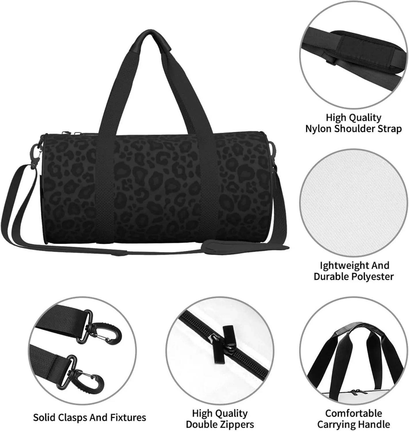 Leopard Print Black Background Sports Gym Bag Travel Duffel Bag Shoes Compartment For Men Women Foldable Lightweight Yoga Gym Sports Bag