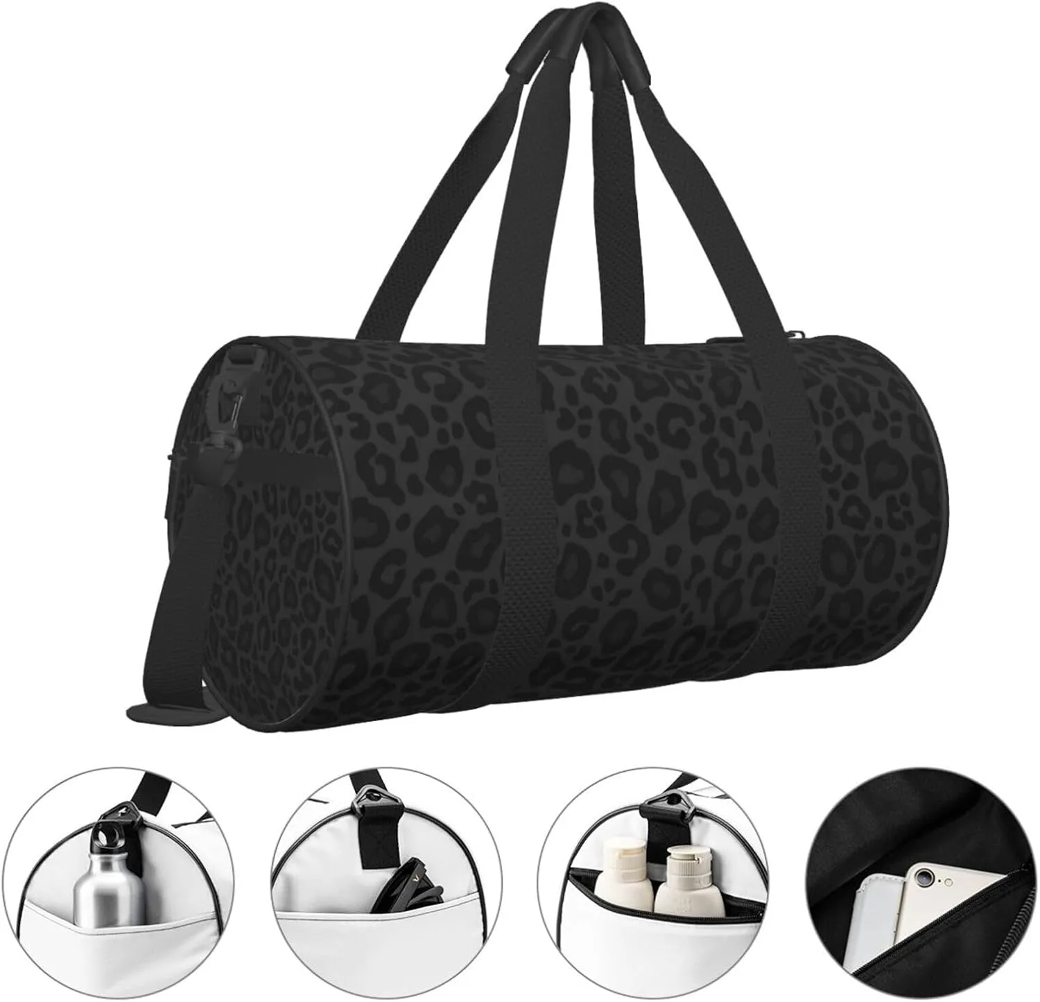 Leopard Print Black Background Sports Gym Bag Travel Duffel Bag Shoes Compartment For Men Women Foldable Lightweight Yoga Gym Sports Bag