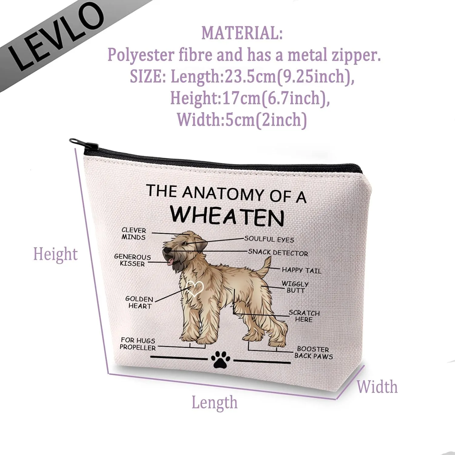 LEVLO Funny Terrier Dog Lovers Gifts The Anatomy of A Wheaten Clever Minds Cosmetic Bags Loyalty Veterinary Mom Travel Toiletry Bags (Wheaten)
