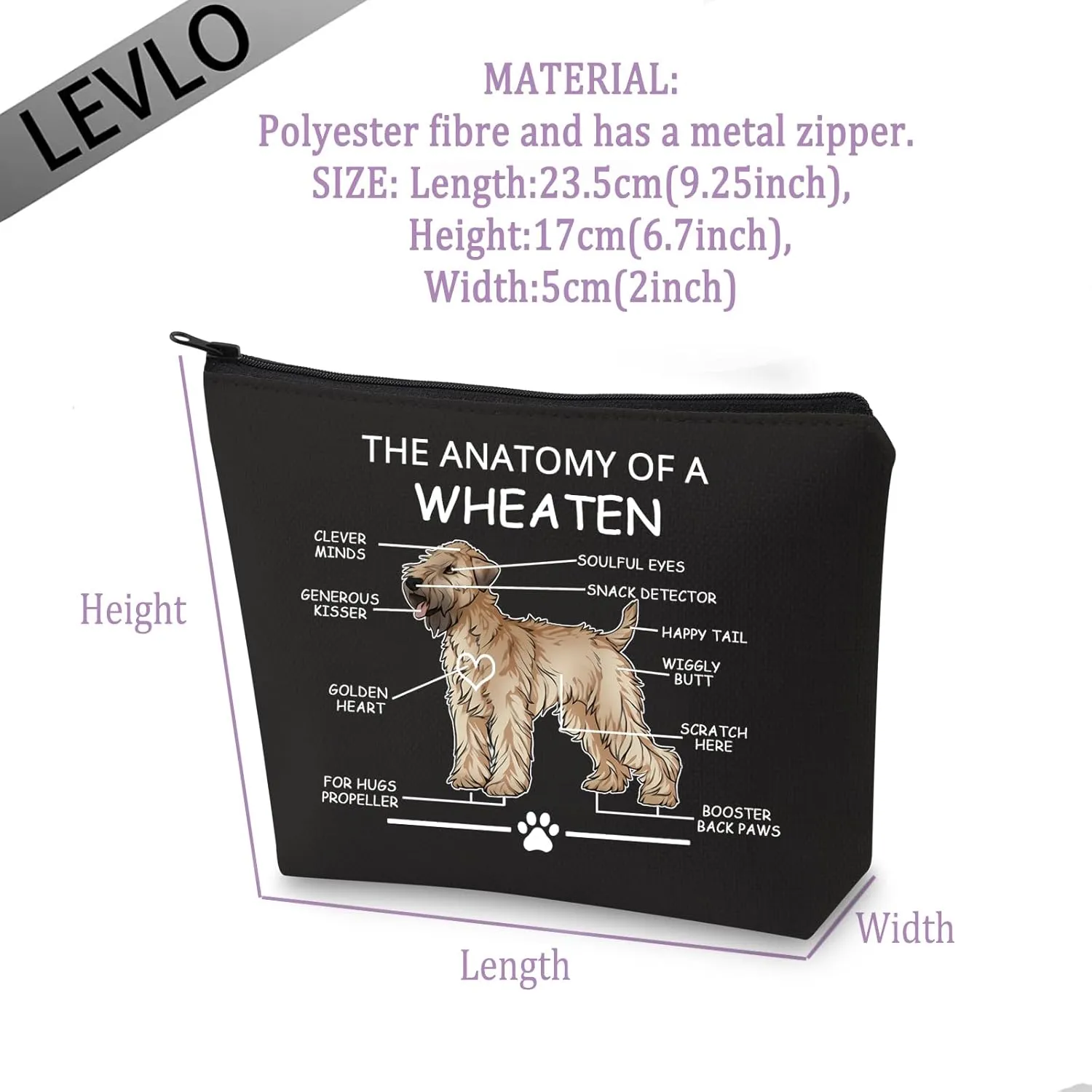 LEVLO Funny Wheaten Terrier Lovers Gifts - The Anatomy of a Wheaten Clever Minds Cosmetic Bags for Veterinary Mom - Travel Toiletry Bags (Wheaten BLACK)