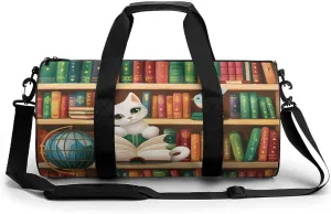 Library Bookshelf Lovely Cat Gym Bag Lightweight Duffel Bag Workout Bag Overnight Backpack Travel Bags for Men Women