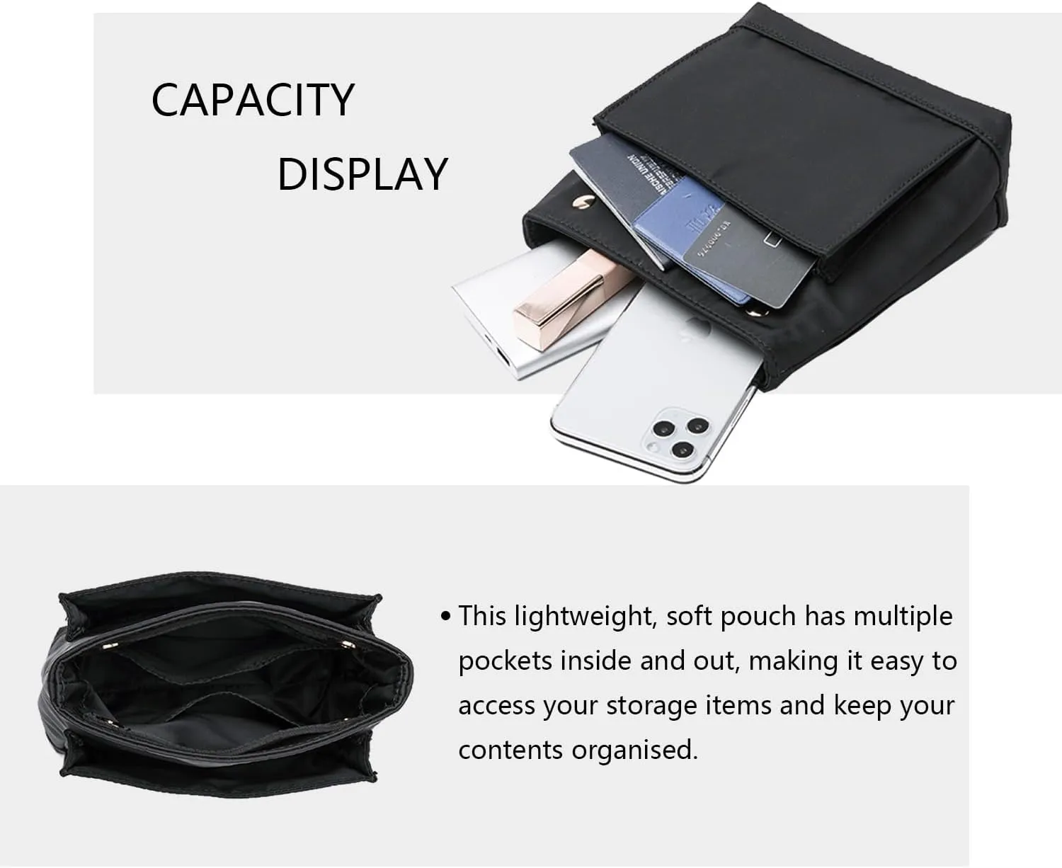Lightweight Handbag Organizers Insert with Multiple Pockets - Handbag Organizer for Storage and Organization, Cosmetic Bag (Nylon-black,XS)