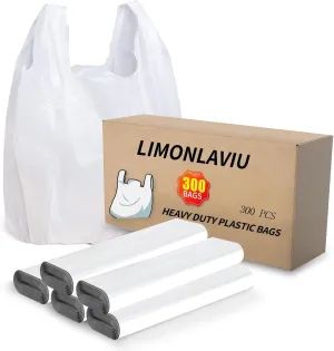 LimonLaviu Plastic Bags, (11.5”x 6.5" x 21”)(300Pack) Plastic Shopping Bags with Handles for Small Business Grocery T Shirt Bag Reusable and Disposable Supermarket Bag in Bulk, White