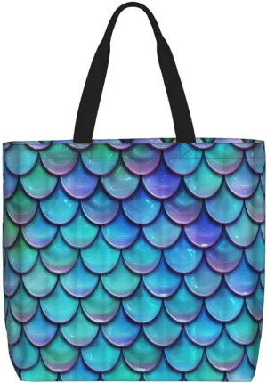 LimPac Mermaid Teal Fish Scale Print Tote Bags Zipper Casual Handbag Big Capacity Shoulder Bag Lightweight For Women