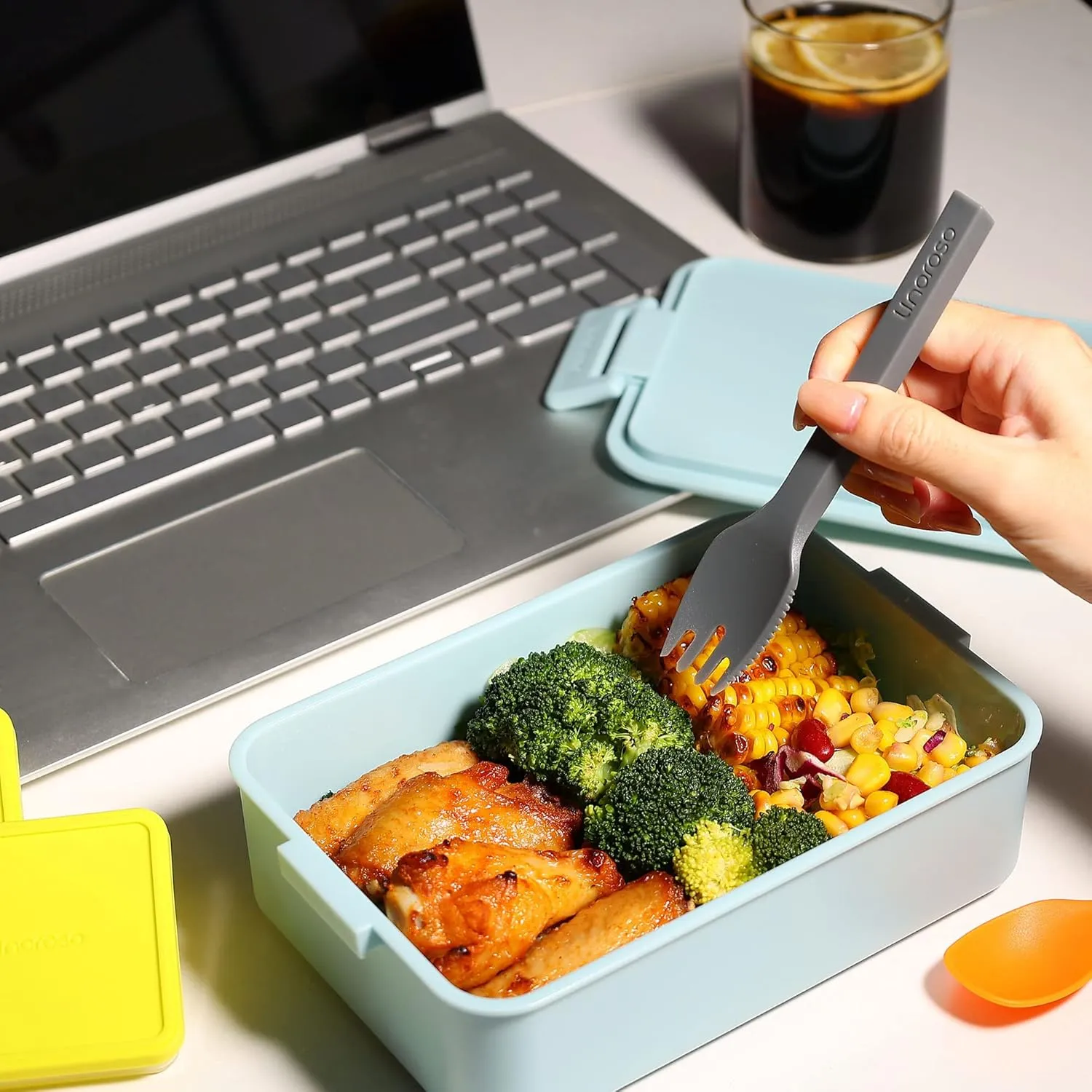 linoroso Stackable Bento Box Adult Lunch Box | Meet All You On-the-Go Needs for Food, Salad and Snack Box, Premium Bento Lunch Box for Adults Include Utensil Set, Dressing Containers - Canal Blue