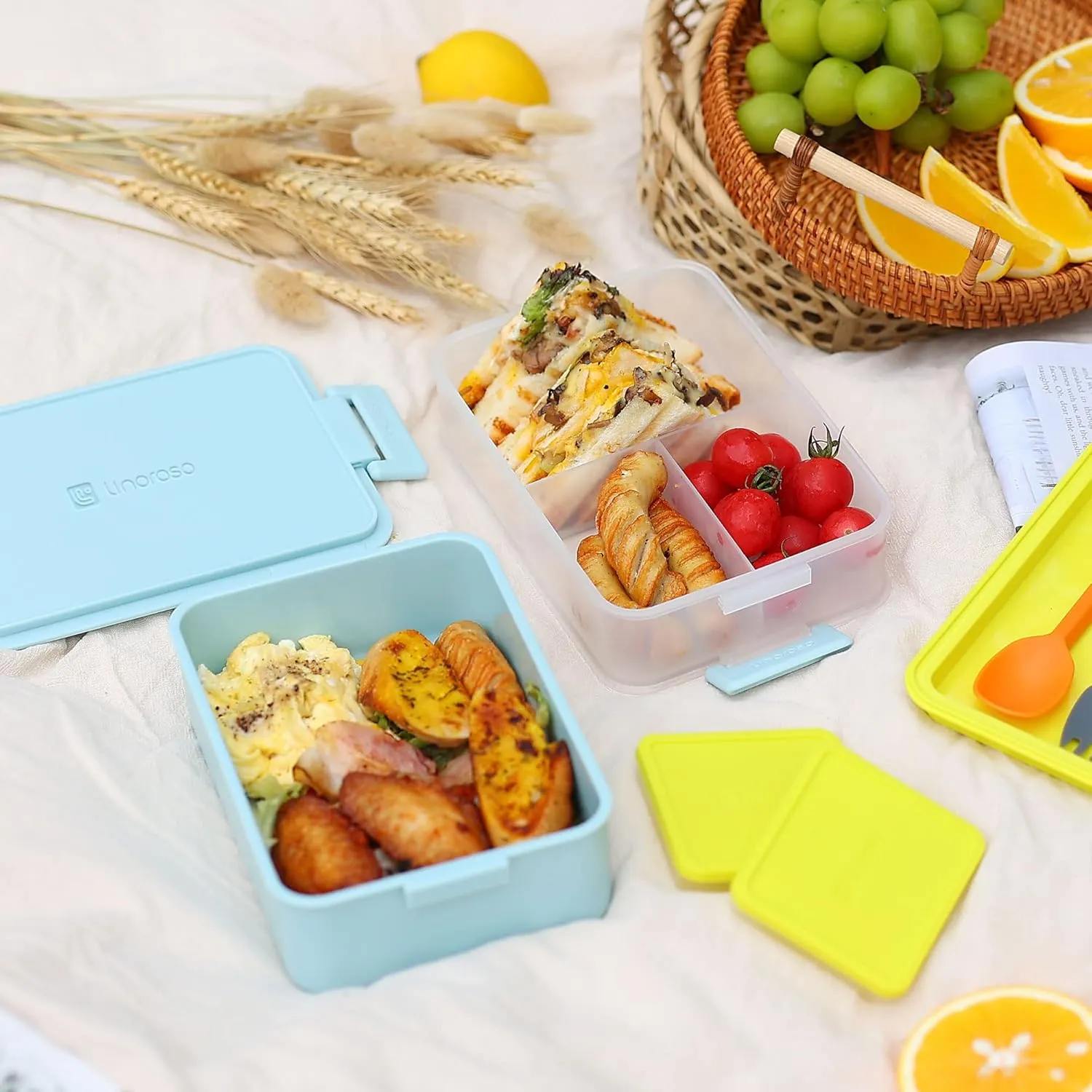 linoroso Stackable Bento Box Adult Lunch Box | Meet All You On-the-Go Needs for Food, Salad and Snack Box, Premium Bento Lunch Box for Adults Include Utensil Set, Dressing Containers - Canal Blue