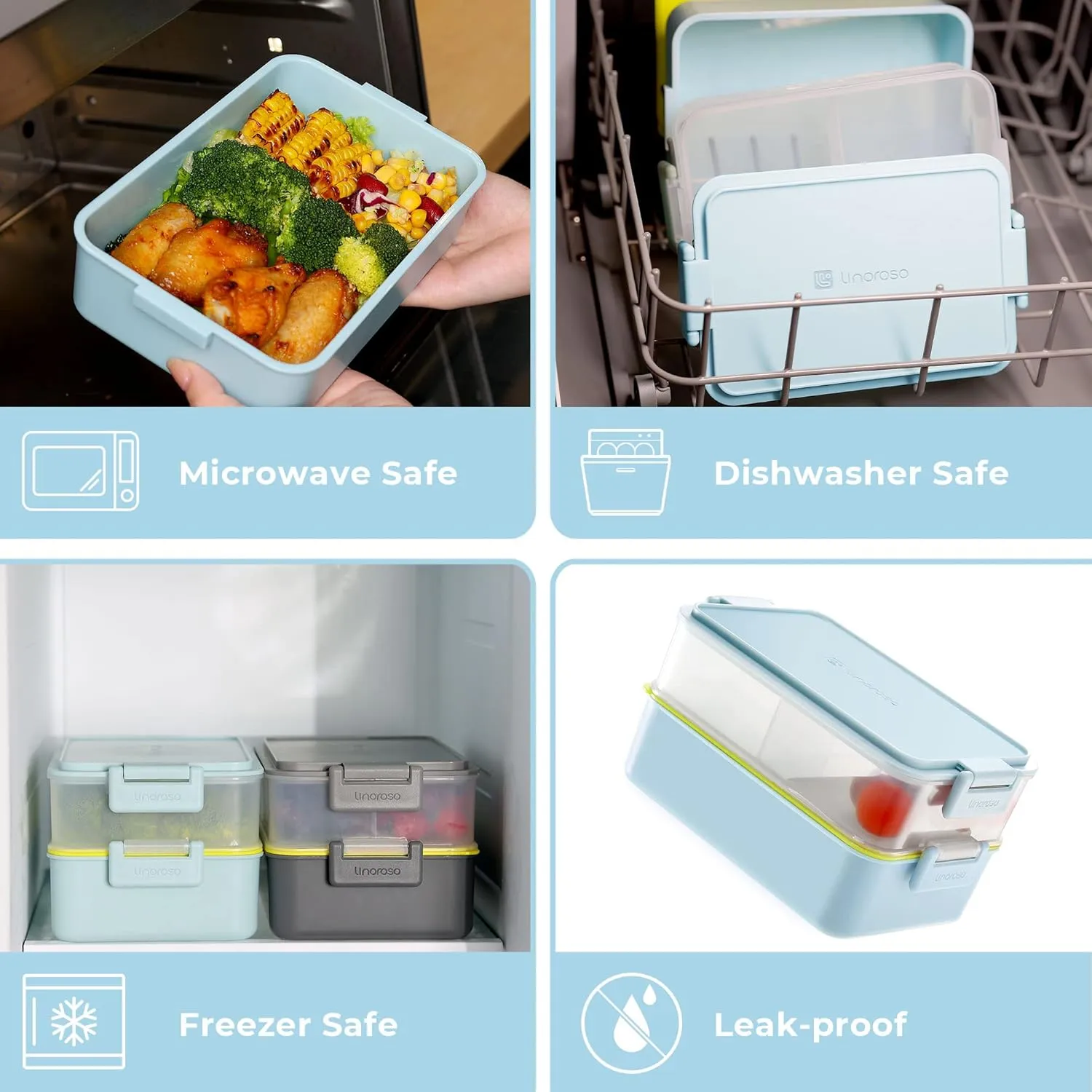 linoroso Stackable Bento Box Adult Lunch Box | Meet All You On-the-Go Needs for Food, Salad and Snack Box, Premium Bento Lunch Box for Adults Include Utensil Set, Dressing Containers - Canal Blue