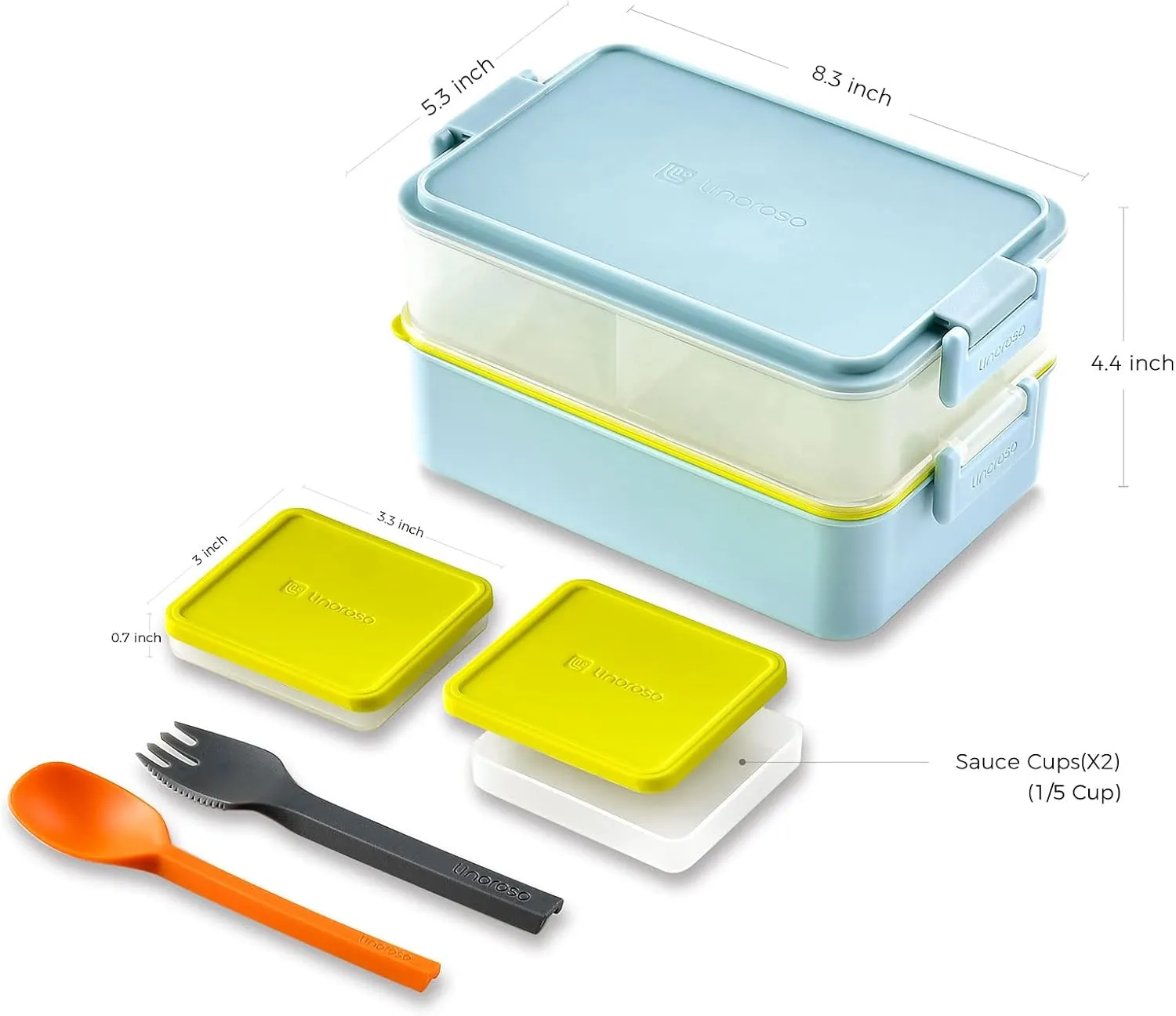 linoroso Stackable Bento Box Adult Lunch Box | Meet All You On-the-Go Needs for Food, Salad and Snack Box, Premium Bento Lunch Box for Adults Include Utensil Set, Dressing Containers - Canal Blue