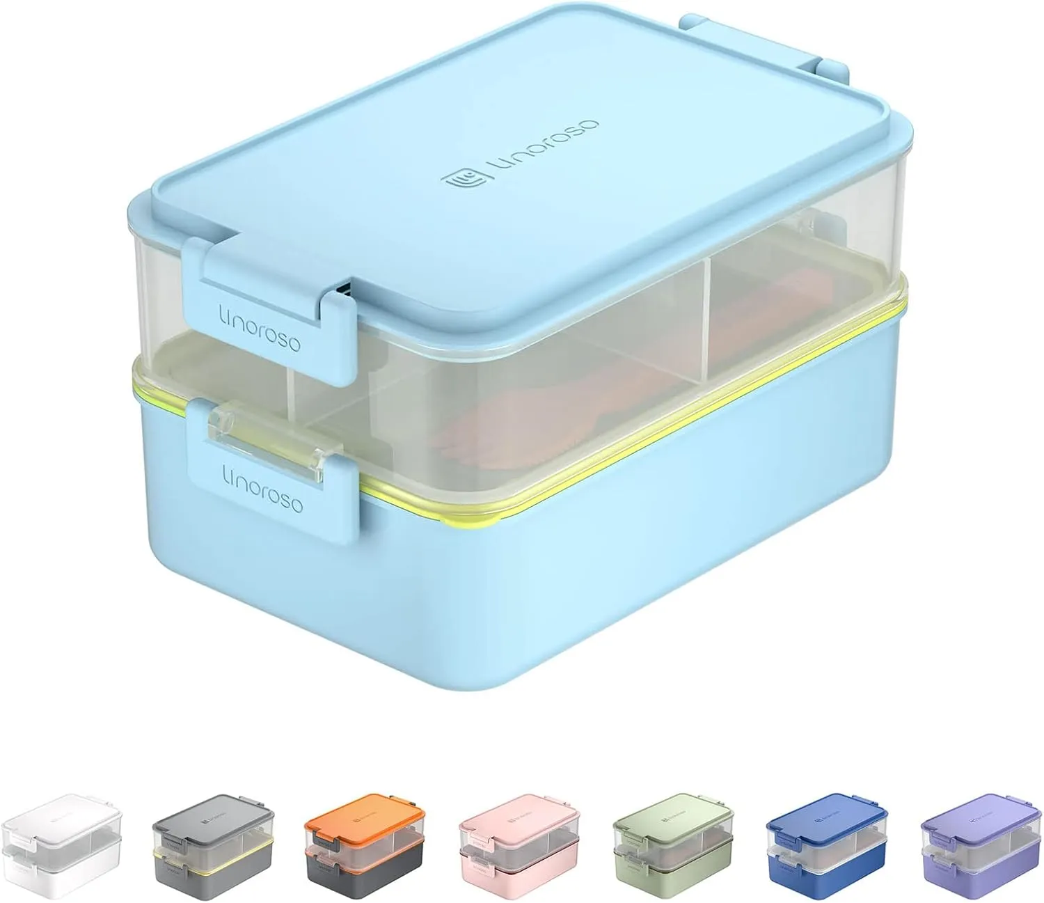 linoroso Stackable Bento Box Adult Lunch Box | Meet All You On-the-Go Needs for Food, Salad and Snack Box, Premium Bento Lunch Box for Adults Include Utensil Set, Dressing Containers - Canal Blue