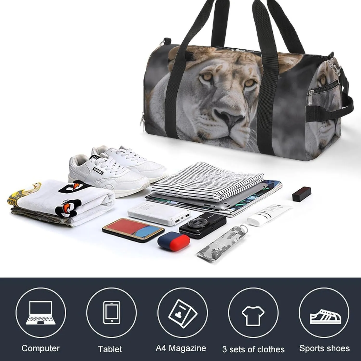 Lioness with Blue Green Eyes Sports Gym Bag Carry on Holdalls for Men Small Duffel Bags for Women with Shoe Compartment