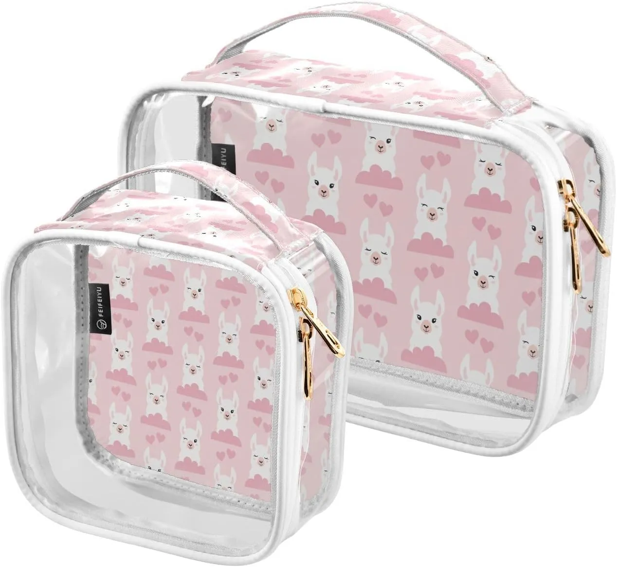 Llamas Clouds and Hears Pattern 2 Pieces Clear Makeup Cosmetic Bags for Traveling Vacation Organizing, Toiletry Bags for Women Men, PVC Waterproof Travel Organizer