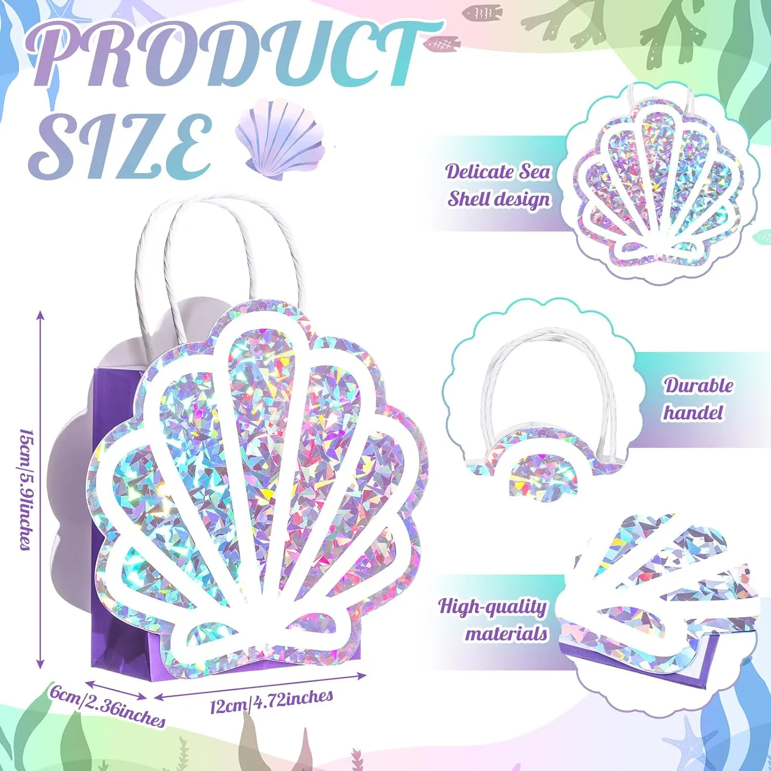 Locmeo 12 Pack Sea Shell Gift Bags Mermaid Goodie Bags Party Favor Iridescent with Handle for Under The Sea Party Summer Ocean Beach Birthday Wedding Shower Celebration Supplies Decoration