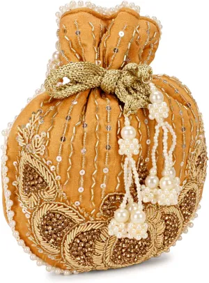LONGING TO BUY Indian Ethnic Golden Embrodiery Potli Bag For Women, Bridal Potli Bag and Wedding Potli Bag
