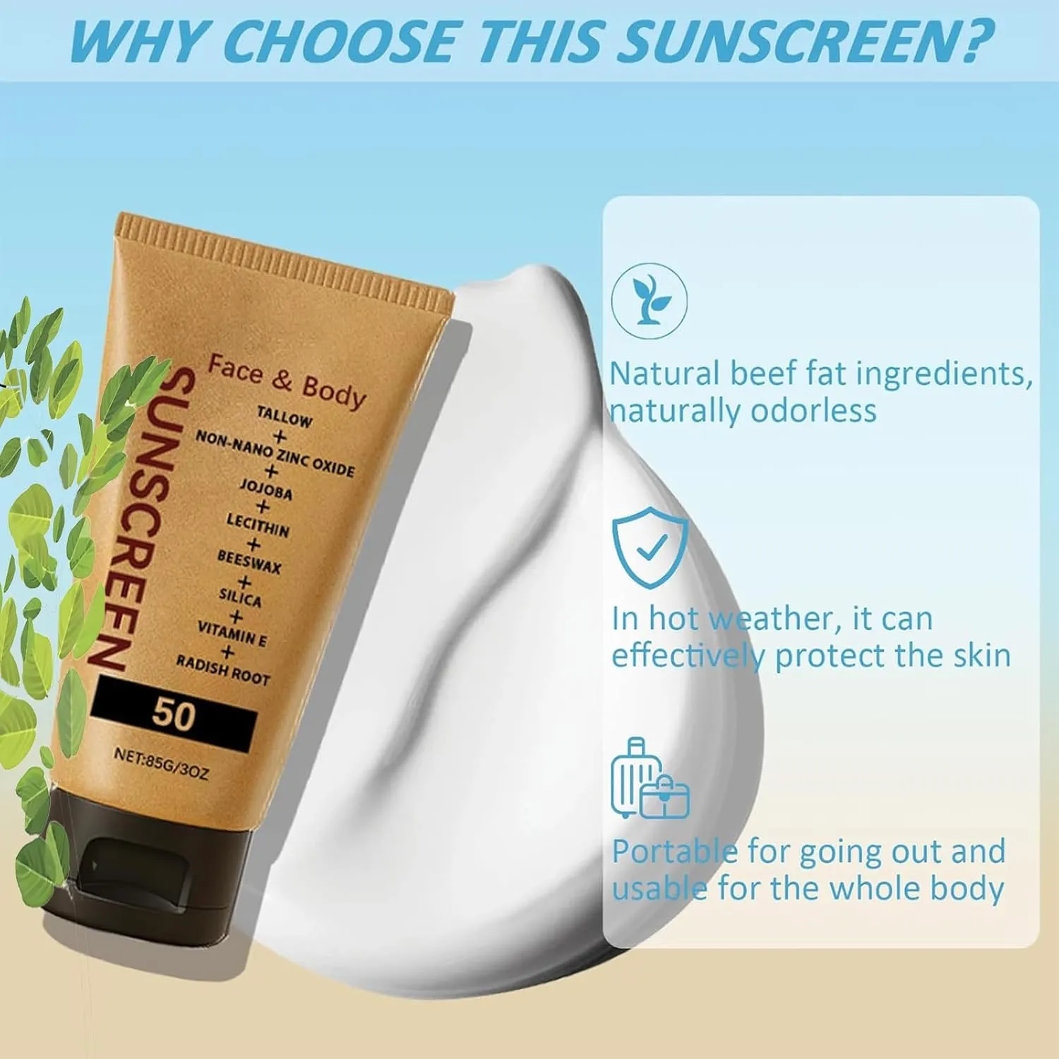 Lovera Beef Tallow Sunscreen SPF 50 | Organic Natural Beef Tallow Sunscreen, Clean Non-Greasy Formula for Face and Body for Sunmmer Outdoor Travel | Women and Men, 6 OZ (2)