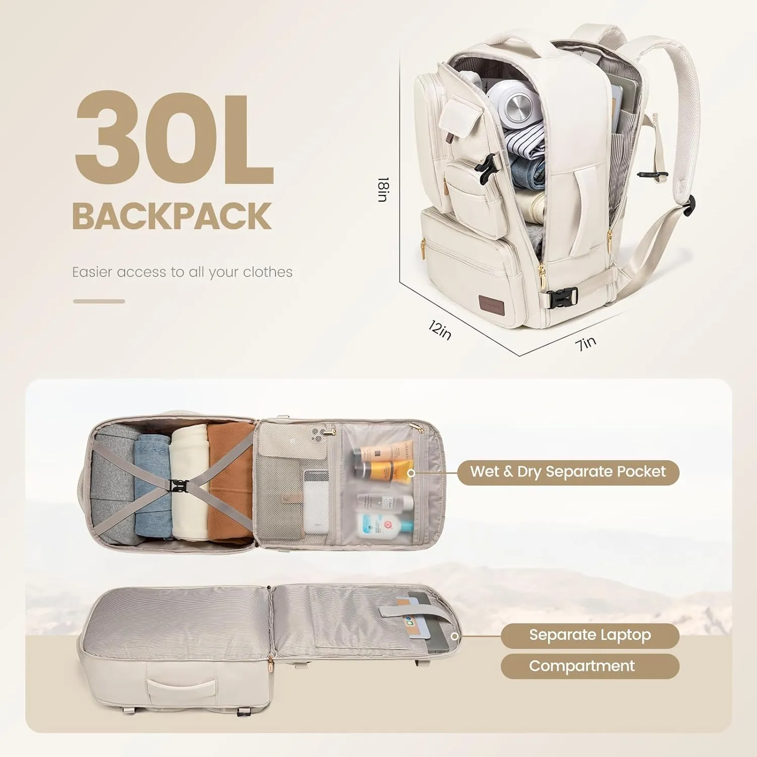 LOVEVOOK Travel Backpack for Women, Carry-On Backpack with Laptop Compartment, 30L Lightweight Waterproof Personal Item Travel Bag, Off White