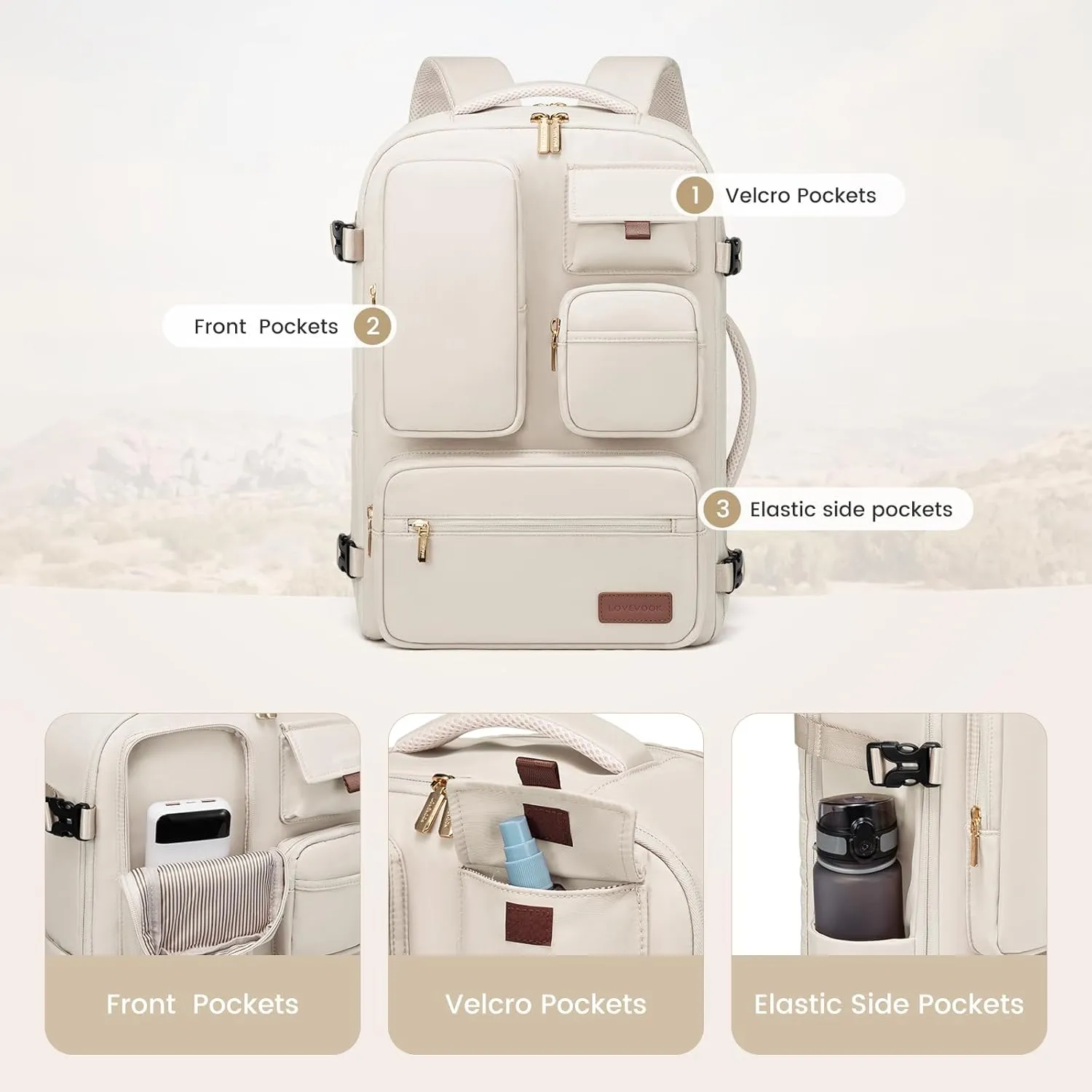 LOVEVOOK Travel Backpack for Women, Carry-On Backpack with Laptop Compartment, 30L Lightweight Waterproof Personal Item Travel Bag, Off White