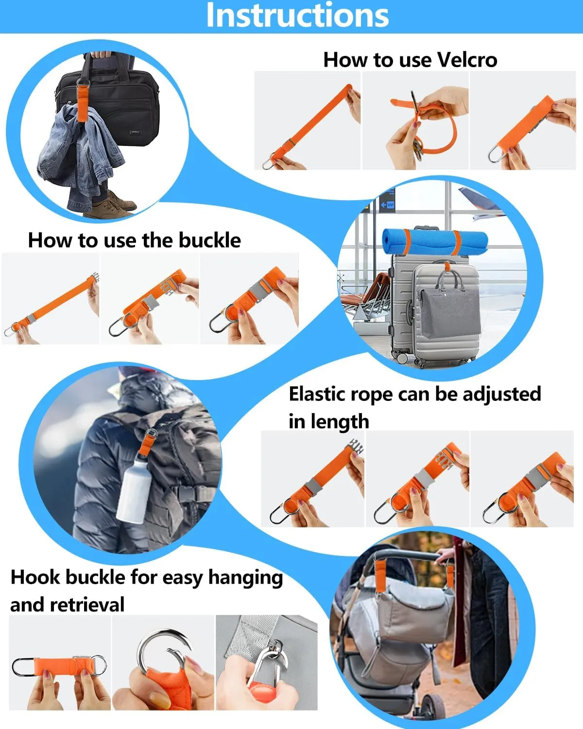 Luggage Straps for Suitcases, Add a Bag Luggage Strap Jacket Gripper Luggage Connector, Adjustable Luggage Hook Baggage Suitcase Belts Travel Accessories for Carry Your Extra Bags, Orange