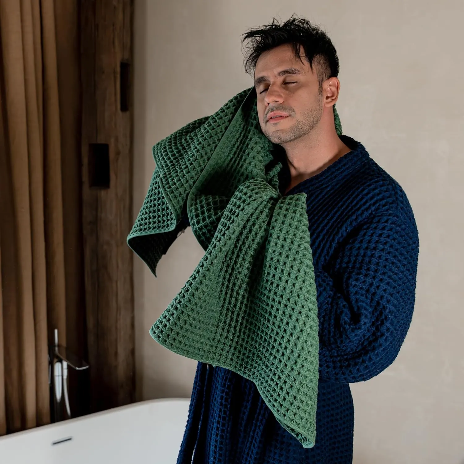 Luxury Japanese Cotton Waffle Bath Towel | Plush, Absorbent, and Quick Dry | Free Storage Bag Included (Forest Green, Bath Sheet (Set of 2))