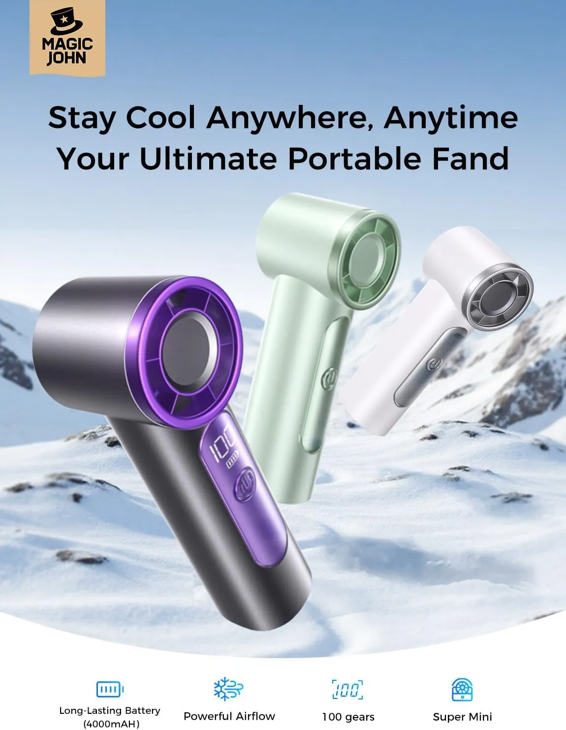 MAGIC JOHN Handheld Fan, USB Rechargeable Portable Fan, High-Speed Motor, Real-Time LED Display, 6 Speeds, Cooling Mini Fans for Home/Office/Travel/Outdoor,Gray