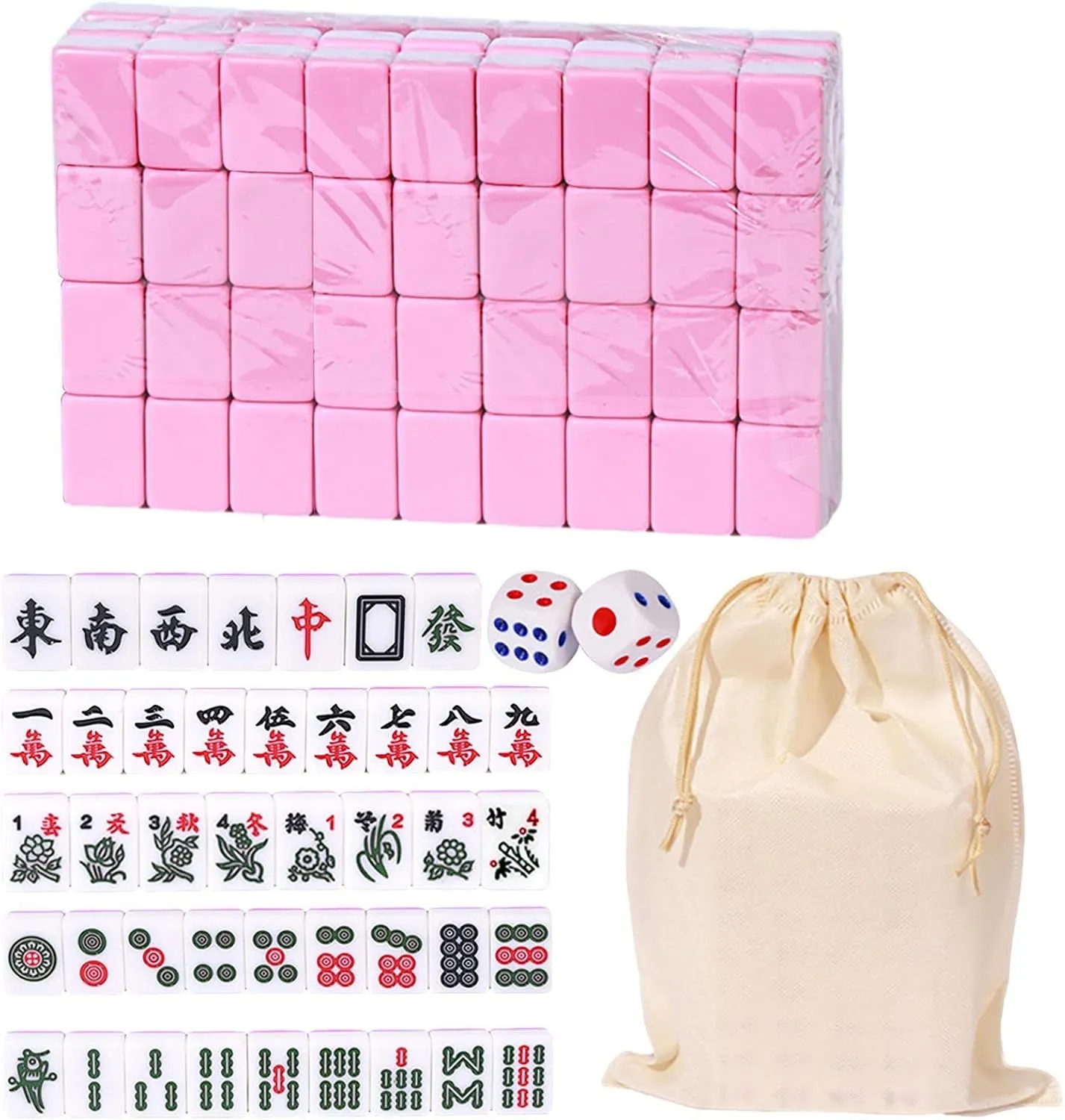 Mahjong Sets, Chinese Traditional Travel Table Game Set with Holding Bag Festival Playset with Clear Words, Chinese Mahjong 144 Melamine Resin Tiles Mahjong Game Set