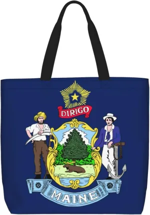 Maine State Flag Print Women Reuseable Handbag, Grocery Bag Foldable For Shopping Travel Activity
