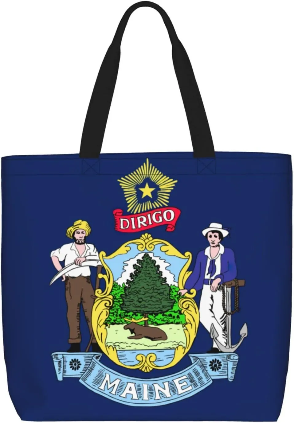 Maine State Flag Print Women Reuseable Handbag, Grocery Bag Foldable For Shopping Travel Activity
