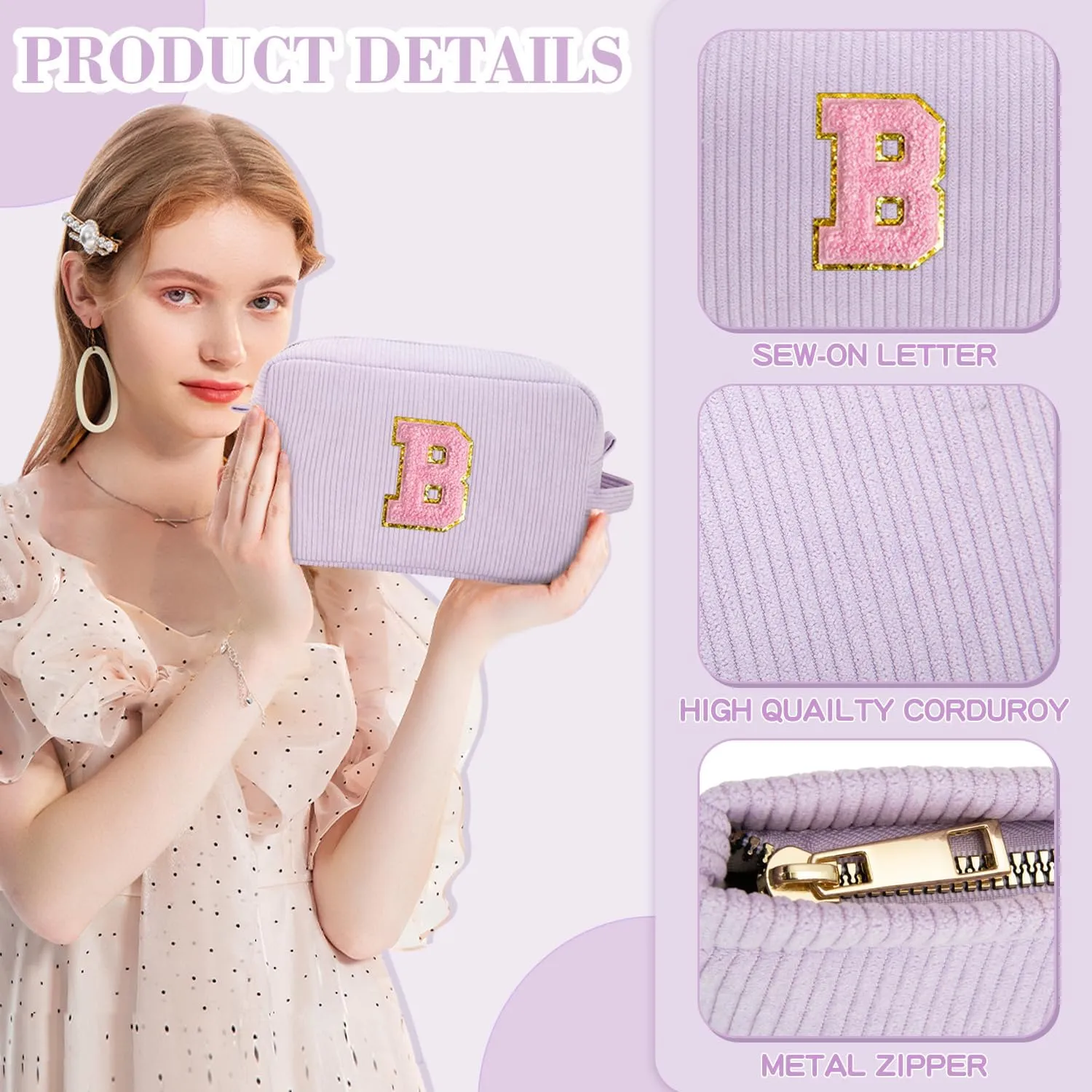 Makeup Bag Cosmetic Bag for Girls with Initial Letter Patch 3 Pieces Corduroy Travel Toiletry Make Up Brush Bag Pounch Organizer Preppy Things Cute Stuff Gifts for Teen Girls (Lavender B)