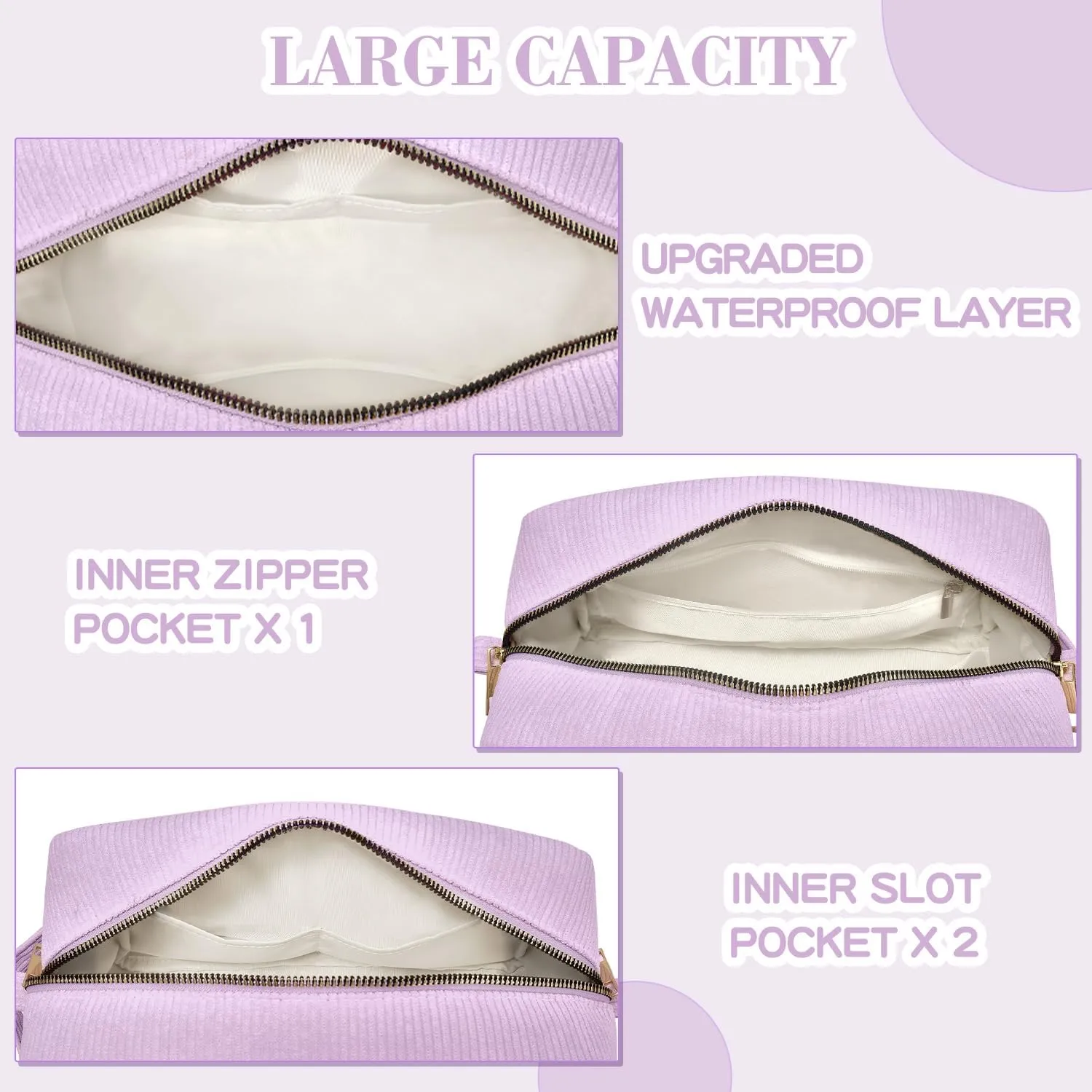 Makeup Bag Cosmetic Bag for Girls with Initial Letter Patch 3 Pieces Corduroy Travel Toiletry Make Up Brush Bag Pounch Organizer Preppy Things Cute Stuff Gifts for Teen Girls (Lavender B)