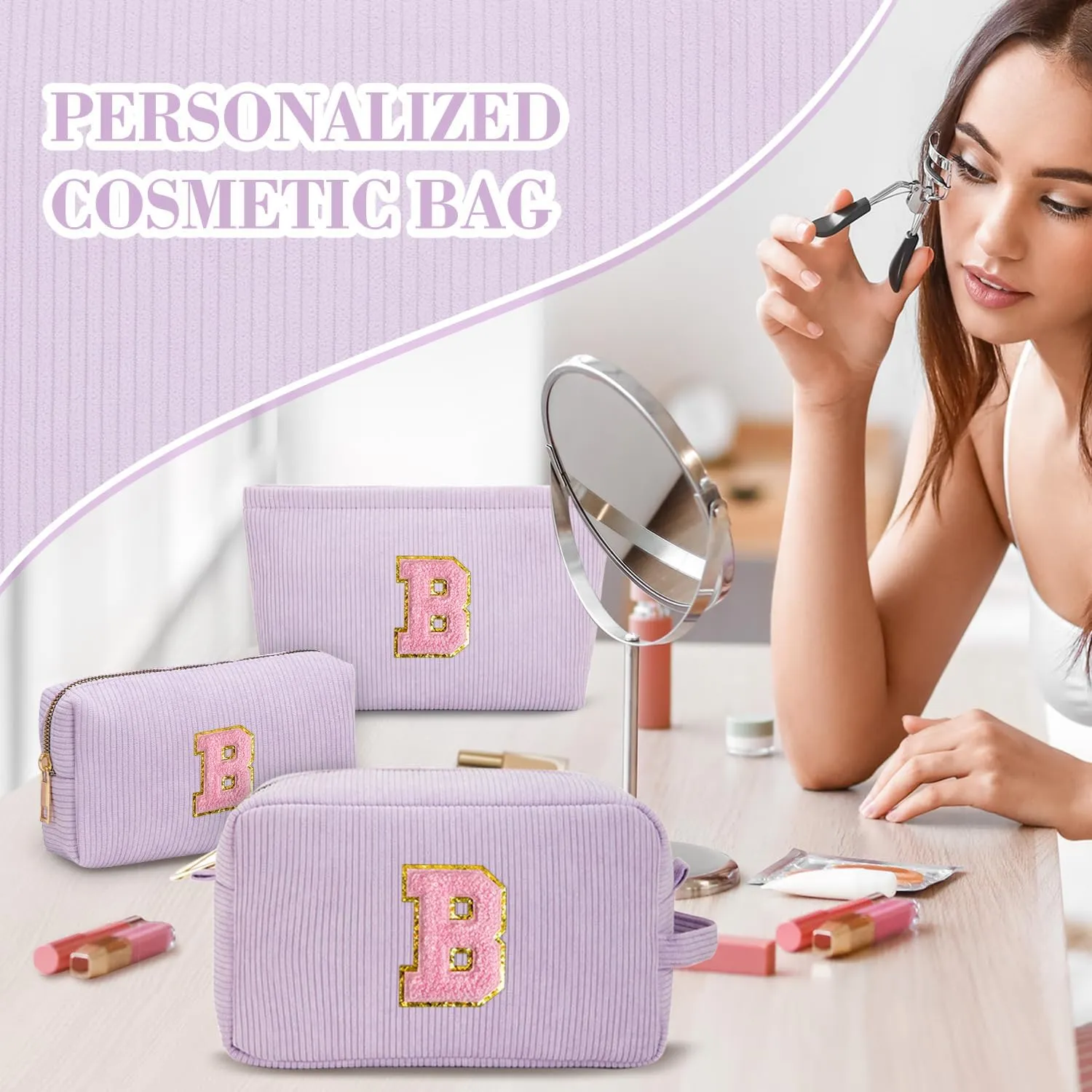 Makeup Bag Cosmetic Bag for Girls with Initial Letter Patch 3 Pieces Corduroy Travel Toiletry Make Up Brush Bag Pounch Organizer Preppy Things Cute Stuff Gifts for Teen Girls (Lavender B)