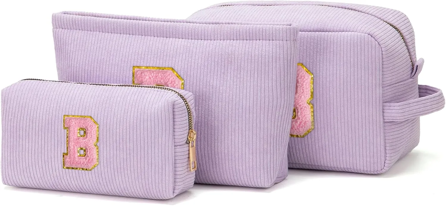 Makeup Bag Cosmetic Bag for Girls with Initial Letter Patch 3 Pieces Corduroy Travel Toiletry Make Up Brush Bag Pounch Organizer Preppy Things Cute Stuff Gifts for Teen Girls (Lavender B)