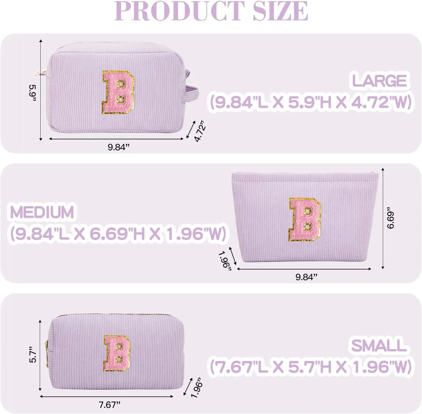 Makeup Bag Cosmetic Bag for Girls with Initial Letter Patch 3 Pieces Corduroy Travel Toiletry Make Up Brush Bag Pounch Organizer Preppy Things Cute Stuff Gifts for Teen Girls (Lavender B)